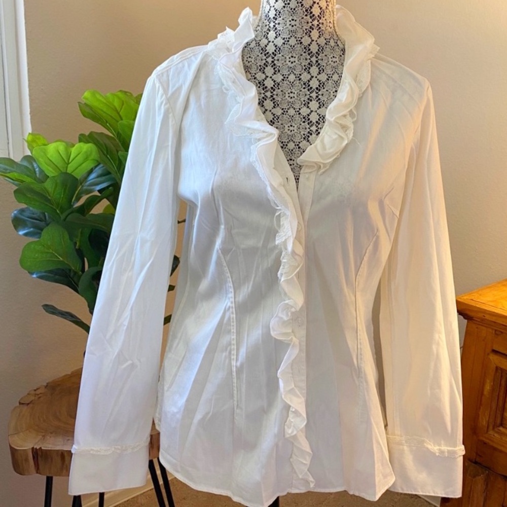 WHBM White Ruffle Lace Button Up Long Sleeve